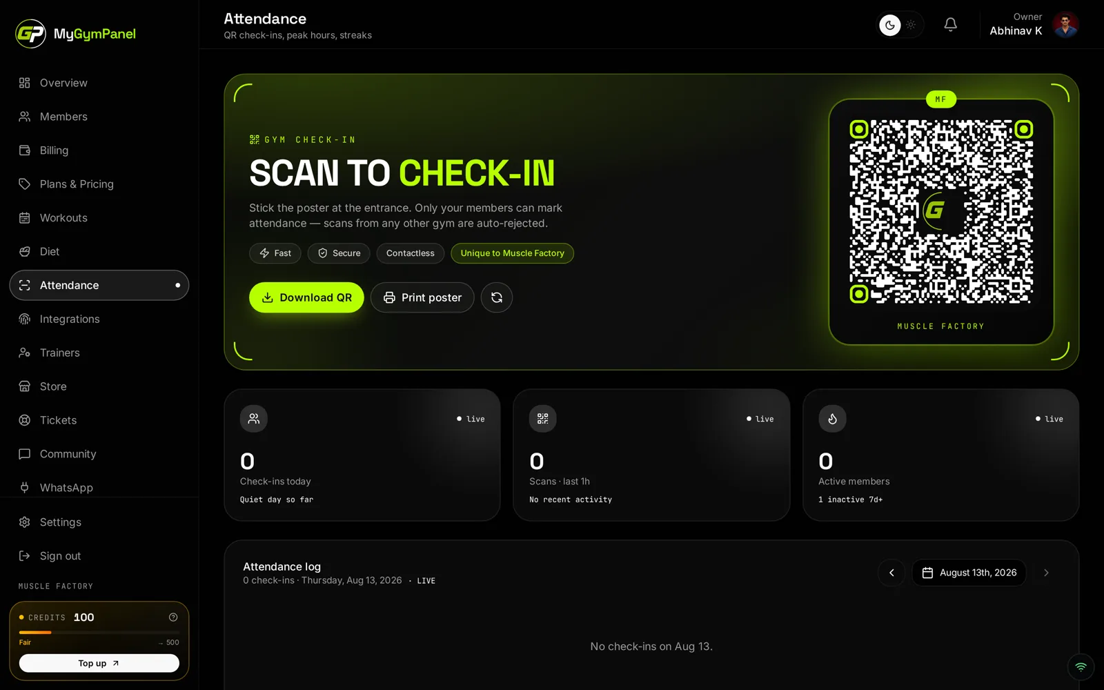 Scan in. Logged instantly. — MyGymPanel owner dashboard