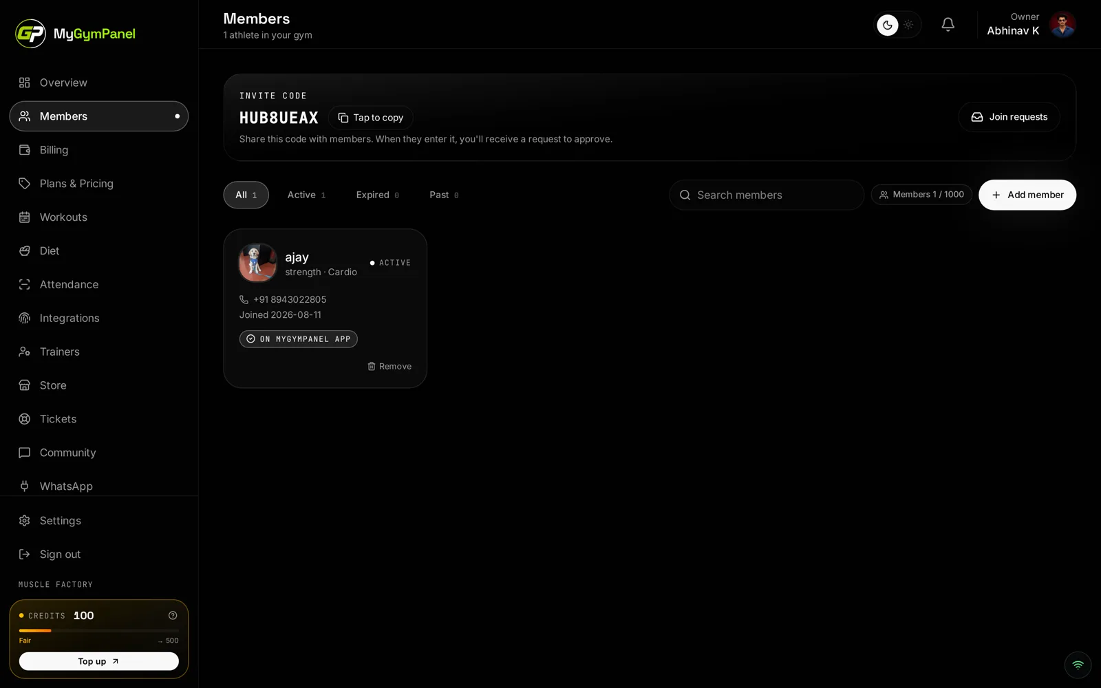 Every athlete, one profile — MyGymPanel owner dashboard
