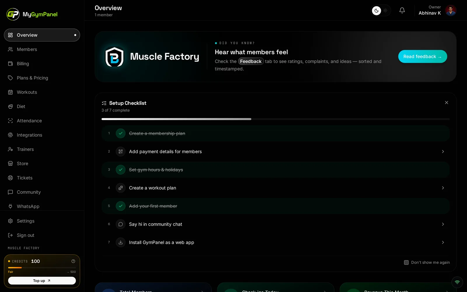 MyGymPanel owner dashboard overview with live revenue and check-ins